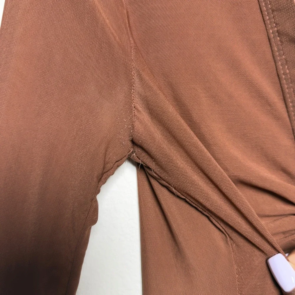 Free People Women Lucky Mesh Shirtee Top XS‎ Brown Mesh Ruched Button Up